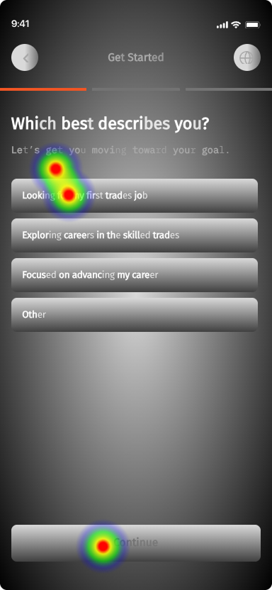 Goal question heatmap — clicks land on the first trade option and Continue