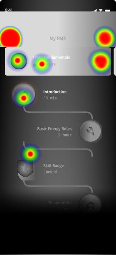 Path heatmap — clicks scattered across the top corners hunting for an edit affordance