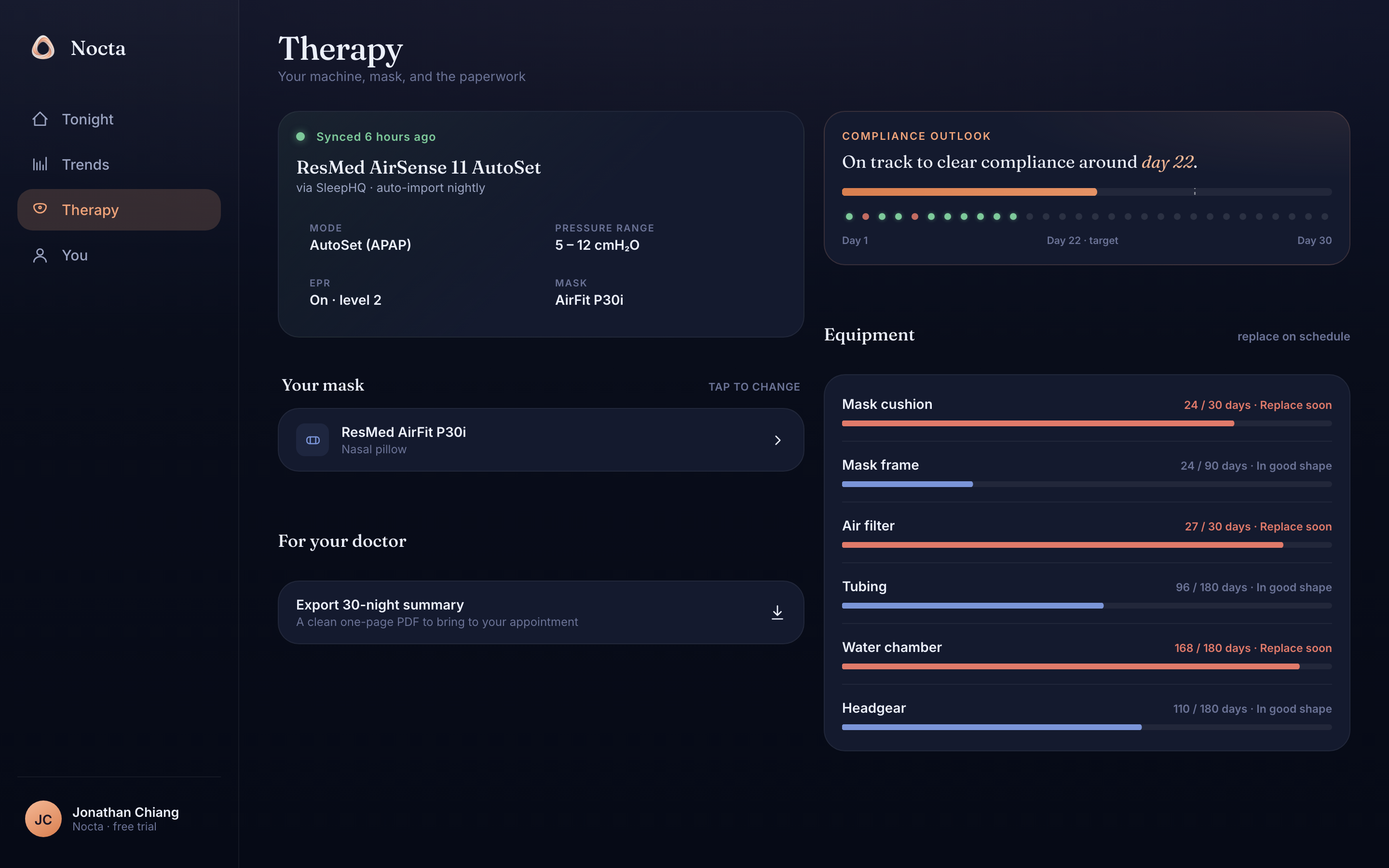Nocta desktop dashboard — Therapy