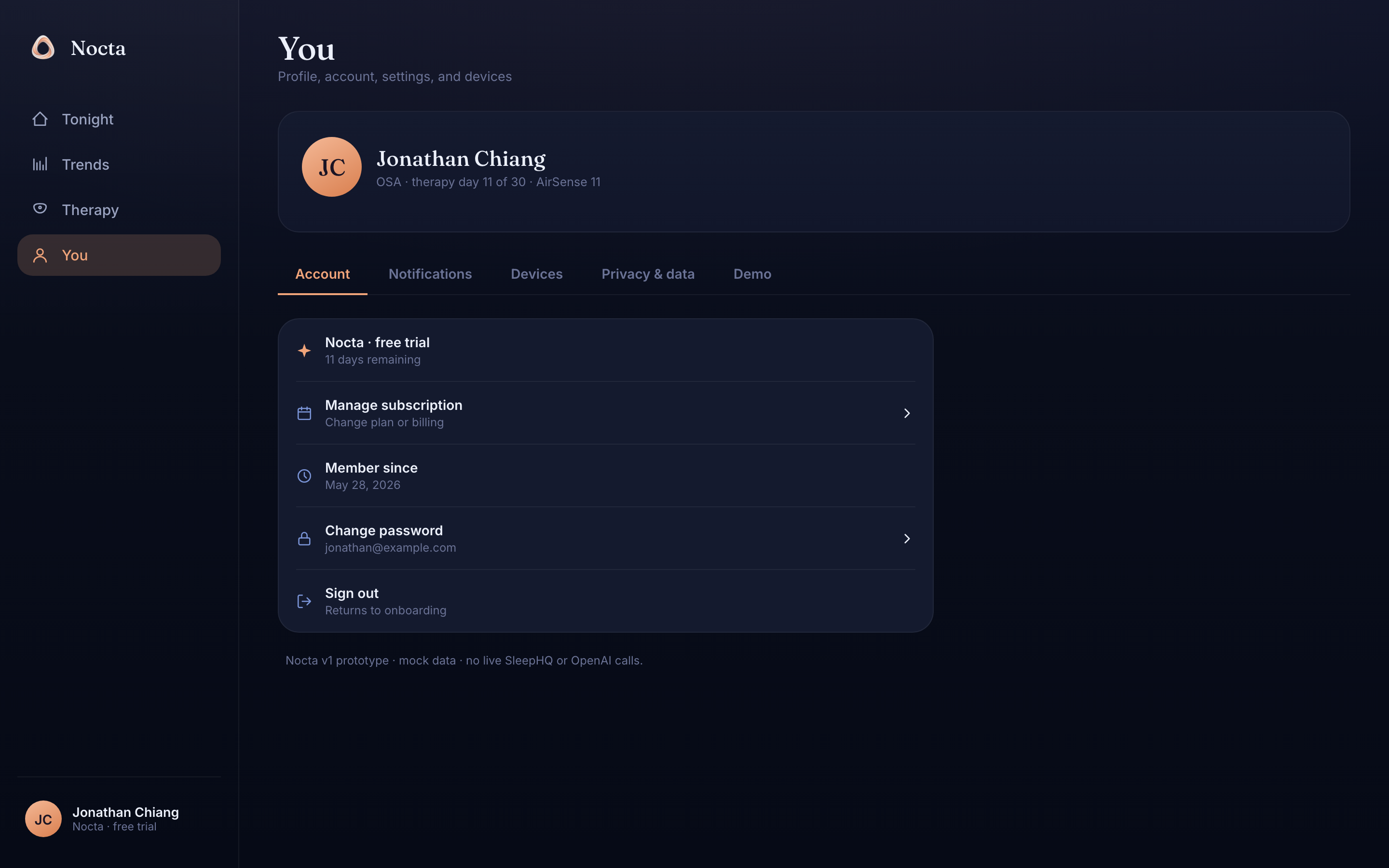 Nocta desktop dashboard — You