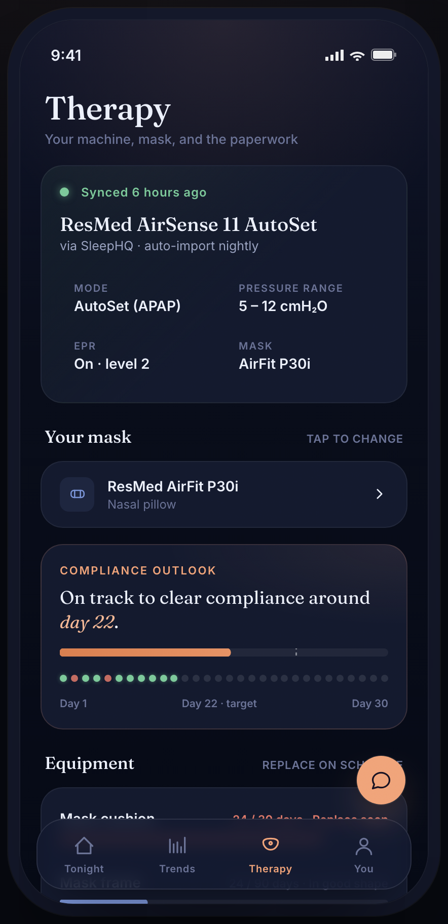 Therapy tab — compliance projection