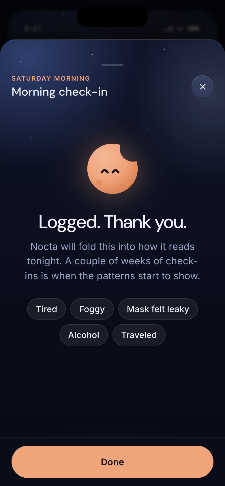 Final iteration — check-in logged, with a pleased Nox