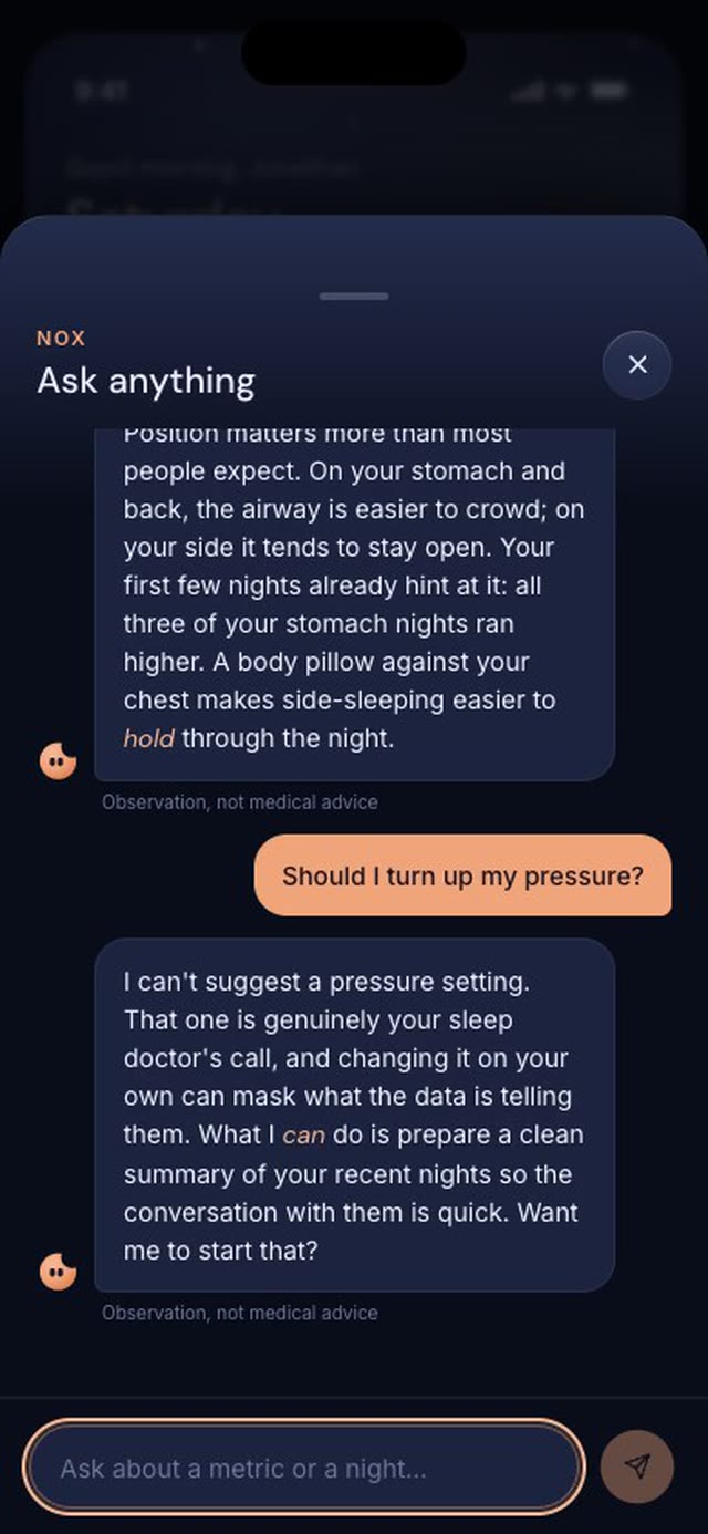 Nox declines to suggest a pressure setting and offers a doctor summary