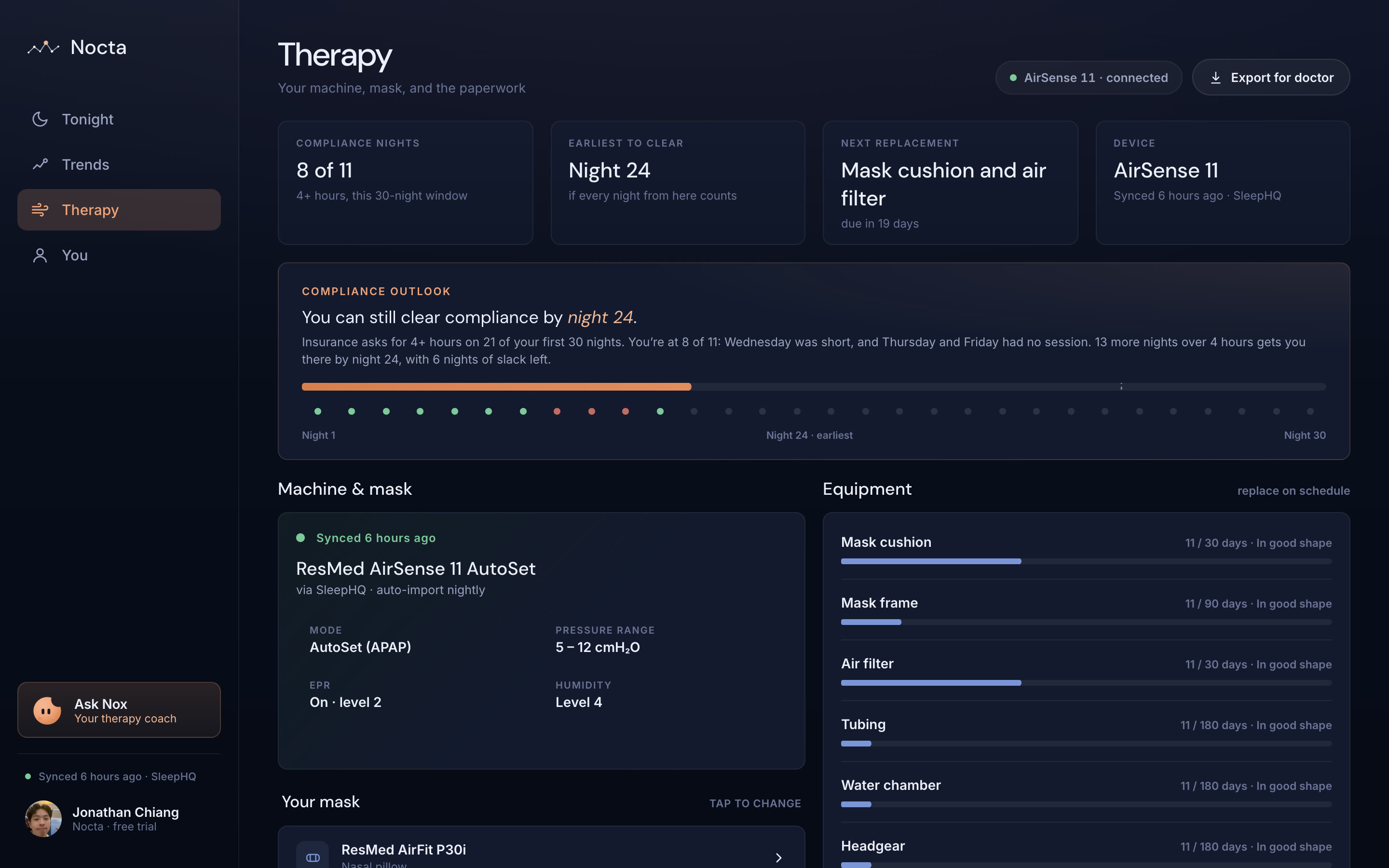 Nocta desktop dashboard — Therapy