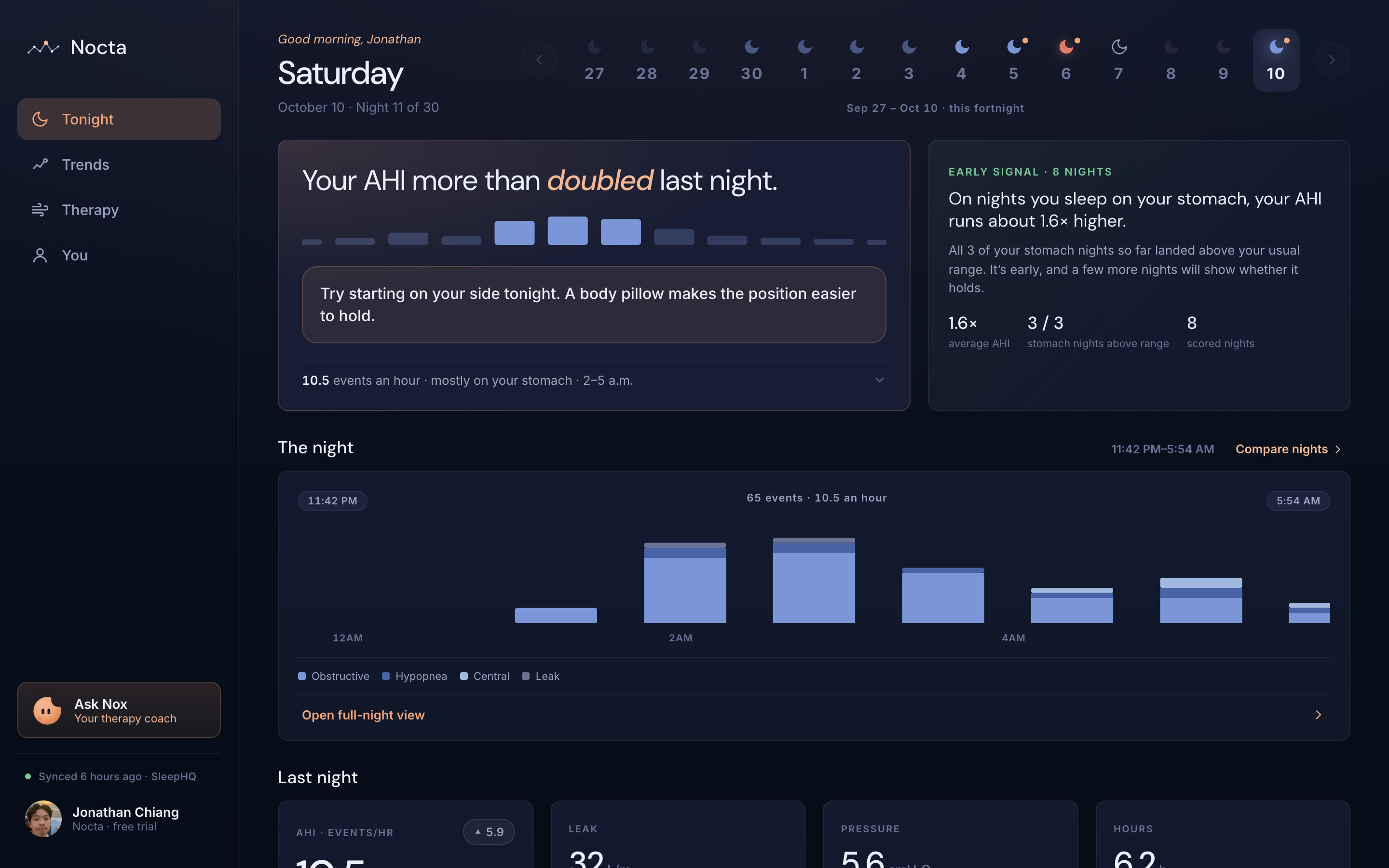 Nocta desktop dashboard — Tonight