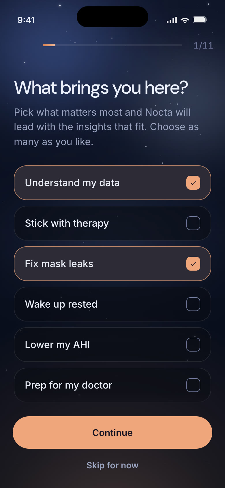 Onboarding step 1 of 11, with a progress bar and a skip option