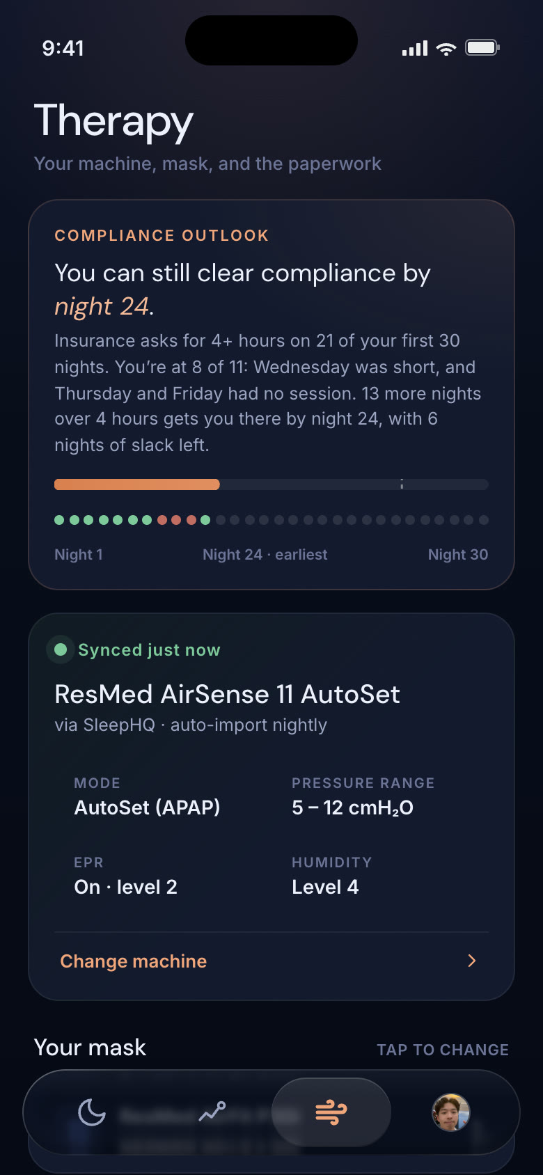 Therapy tab — compliance projection